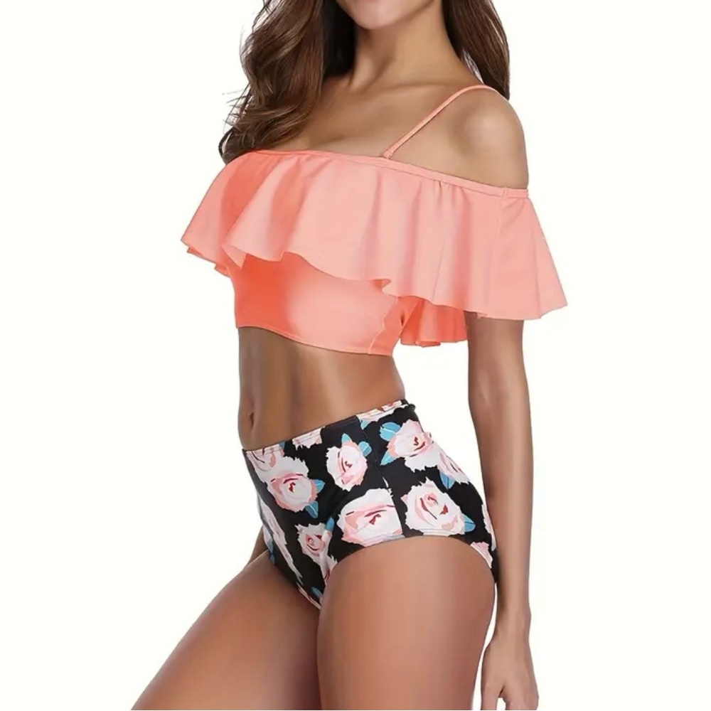 Orange Off Shoulder Ruffled Black Floral High Waisted Bikini Set - Picture 5 of 6
